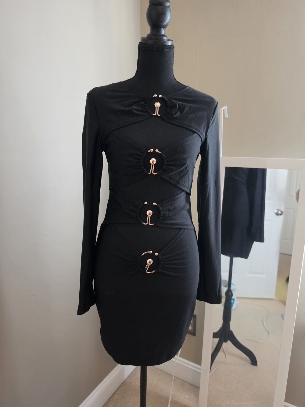 Fashion Nova Black Long-Sleeve Bodycon Dress with Gold Rings Worn Once